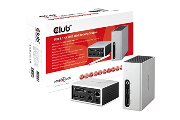 Club 3D  SenseVision USB 3.0 4K Mini Docking Station-1x HDMI UHD, 1x DVI-D, 4x USB3.0, 2x USB BC 1.2 snabbladdning, 1 x RJ45, 1 x 2,1 I/Mich, LED funktionslista, aluminium/svart