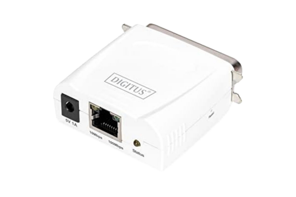 Digitus DIGITUS Snabb Ethernet-skrivarserver med parallellport, 1 x RJ45, 1 x DB-36-stifts gånger, skrivarserver, DHCP-kapabel, TCP/IP, enkel installation, inkl. strömförsörjning, vit