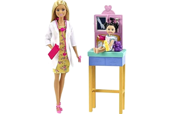 Barbie  You Can Be Anything Series, doktor, docka med blont hår, baby svarta flätor, röntgenapparat, armgips, läkarrock, accessoarer, gåva för barn från 3 år