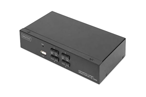 Digitus DIGITUS KVM Switch HDMI – 4 portar med enkel bildskärm – 4 datorer 1 bildskärm – 1x mus, tangentbord och ljud för 4 datorer – UHD 4K@30Hz (3840 x 2160p) – Hot-Key KVM Switch – 1x USB 2.0 Hub – Svart