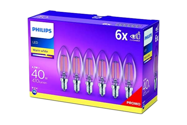 Philips  Classic LED-ljuskälla, 40W, E14, B35, Klart glas, varmvitt ljus, 2700 kelvin, 15 000 timmar, Ej dimbar, 6-pack