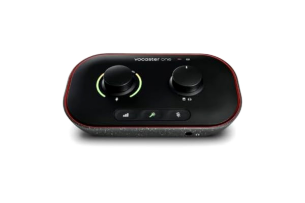 Focusrite  Vocaster One Podcasting-gränssnitt för inspelning som ensam poddare, använder Auto Gain, Enhance och Mute för enkel podcasting, liten, lätt och drivs av dator