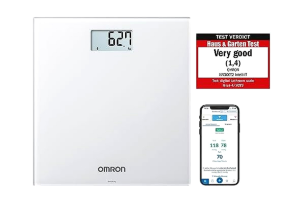 Omron OMRON HN300T2 Intelli IT – smart våg för kroppsvikt med Bluetooth, som mäter vikt och BMI och har en smartphone-app för att följa din utveckling