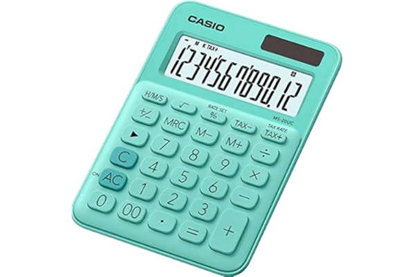 Casio CASIO Bordsräknare MS-20UC-GN, 12-siffrig i trendiga färger, styrberäkning, tidsomvandling, sol-/batteridrift, grön
