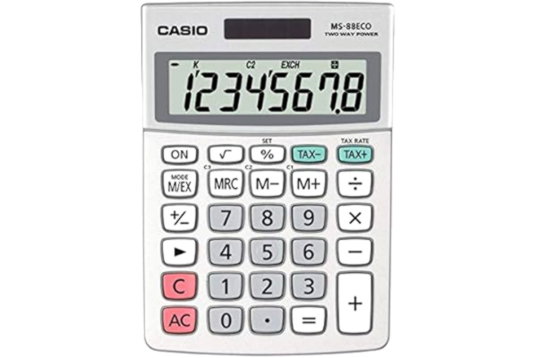 Casio CASIO Bordsräknare MS-88ECO, 8-siffror, miljövänlig, valutomräkning, aluminiumfront, sol-/batteridrift