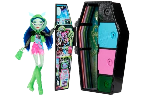 Monster High -docka och modeset, Ghoulia Yelps-docka, Skulltimate Secrets: Neon Frights, utklädningsskåp med mer än 19 överraskningar, HNF81