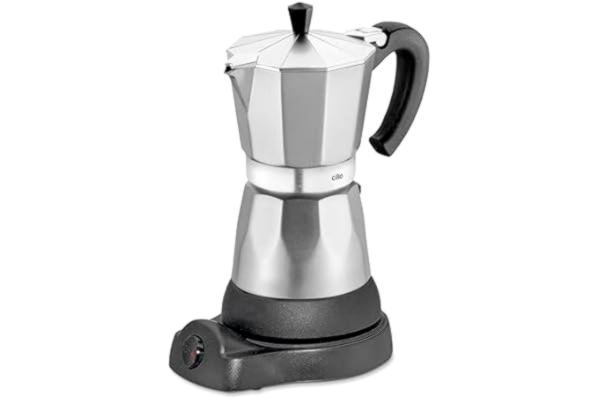 Cilio cilio Classico espressobryggare för 6 koppar, elektrisk 480 W, Ø 11,5 cm, höjd: 25 cm, aluminium, silver, integrerad spisplatta, med varmhållningsfunktion och reduceringssil | för resor eller camping