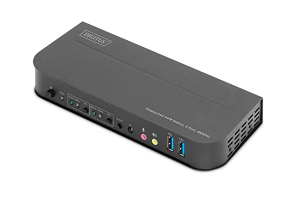 Digitus DIGITUS KVM Switch DisplayPort – 2 portar med enkel bildskärm – 2 PC 1 bildskärm – 1x mus, tangentbord och ljud för 2 datorer – UHD 4K@60Hz (4096 x 2160p) – Hot-Key KVM Switch – 2x USB 3.0 Hub – Svart