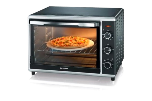 Severin SEVERIN bak- och rostugn med varmluftsfunktion, miniugn med grillgaller, bakplåt, roterande spett och pizzasten, mångsidig varmluftsugn med 42 L kapacitet, 1 800 W, svart, TO 2058