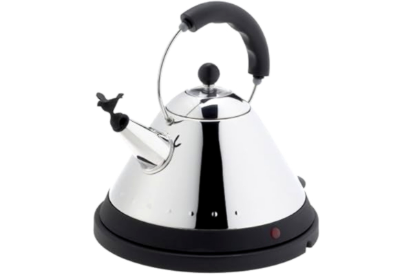 Alessi  Cordless Electric Kettle in 18/10 Stainless Steel Mirror Polished with Handle and Base in Thermoplastic Resin, Black-European Plug, 25.5 x 25.5 x 31.5 cm