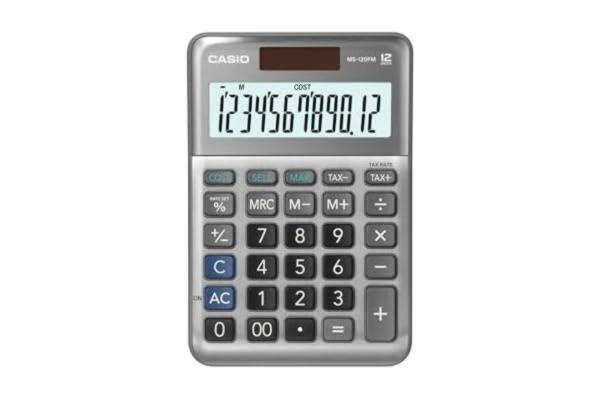 Casio  bordsräknare MS-120FM, 12-siffrig styrberäkning, Cost/Sell/Margin, Aluminiumfront, teckenbyte, sol/batteridrift
