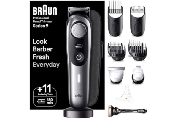 Braun  skäggtrimmer, trimmer/hårklippare män, 40 inställningar, laddstation, resväska, skäggstencil, 180 min. trådlös driftstid, vattentät, BT9440, förpackningen kan variera