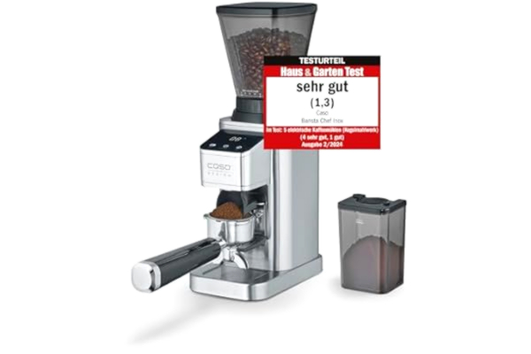 Caso CASO BaristaChef Inox elektrisk kaffekvarn, hållbar konisk kvarn i rostfritt stål med hållare för filterhållare