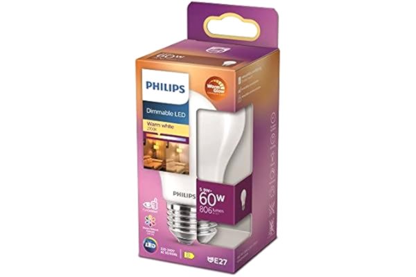 Philips  Classic: LED ljuskälla, 60W, E27, A60, Frostat glas, varmvitt ljus, 2700 kelvin, dimbar