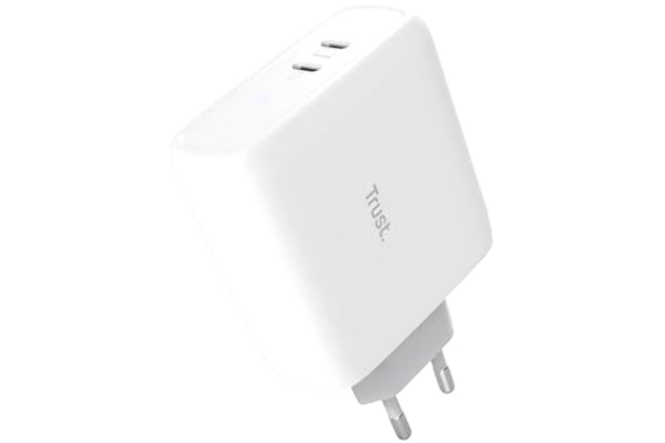 Trust  Maxo Laddare USB-C 65W, 2 USB-C-portar, 75 % återvunnet material, snabbladdare, snabbladdare, reislader för iPhone iPad Samsung Galaxy Steam Deck Smartphones surfplattor bärbara datorer - vit