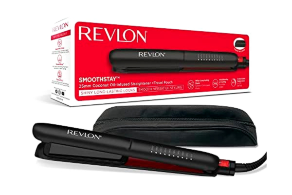 Revlon  Smoothstay Coconut Oil-Infused Hair Straightener (25mm Triple-Coated Ceramic Plates, Floating Plates with Rounded Edges, Customizable Temperature up to 235°C, Travel Pouch Included) RVST2211P