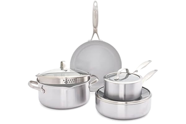 GreenPan  Venice Pro Tri-Ply 7-delat köksredskap kastruller och stekpannor, hälsosamt non-stick-köksredskap av rostfritt stål, innehåller stekpanna, sugggryta, PFAS-fri, induktion, diskmaskins- och