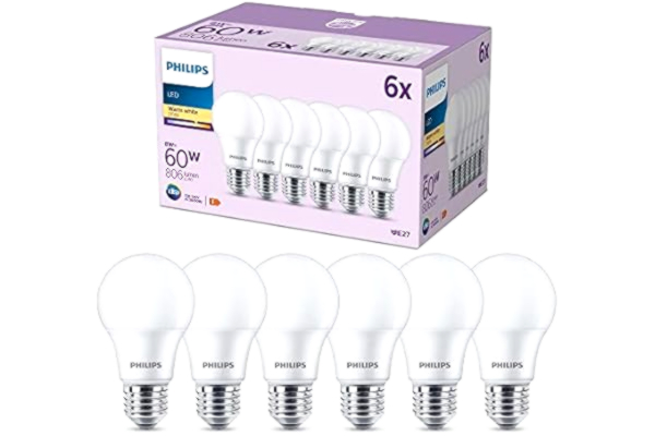 Philips  LED multipack: 8W (60W), E27, A60, Varmvitt 2700 Kelvin, Frostad plast, 806 lumen, Ej dimbar, 15000 timmar livslängd, 6 pack