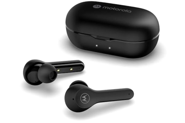Motorola  Sound Moto Buds 085 – Trådlösa hörlurar in-ear hörlurar – 15 timmars drifttid – kompakt laddare – vatten- och svettbeständig – touch- och röststyrning – svart, S/M/L