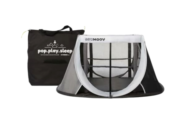 AeroMoov  – omedelbar resesäng baby – 2 sekunder uppbyggnad – superlätt och kompakt – 2 nivåer för spädbarn och småbarn – högkvalitativ madrass – grå kjol