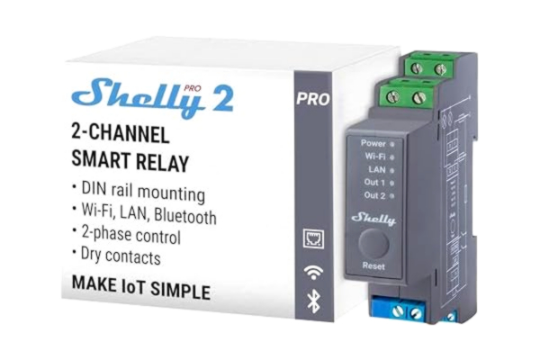 Shelly  Pro 2 – WiFi- och LAN Trådlös strömbrytare för DIN-skena (2 kanaler, 25 A) med Torrkontakt, Fjärrkontroll via app (iOS/Android), Kompatibel med Alexa, Google Home, SmartThings