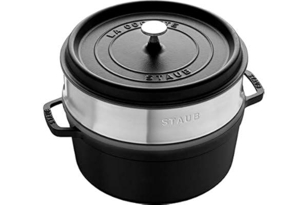 Staub STAUB emaljerad gjutjärnsgryta/Cocotte, med ångkorg, Diameter: 26 cm, 5,2 l, med matt svart stek-emalj på insidan, svart