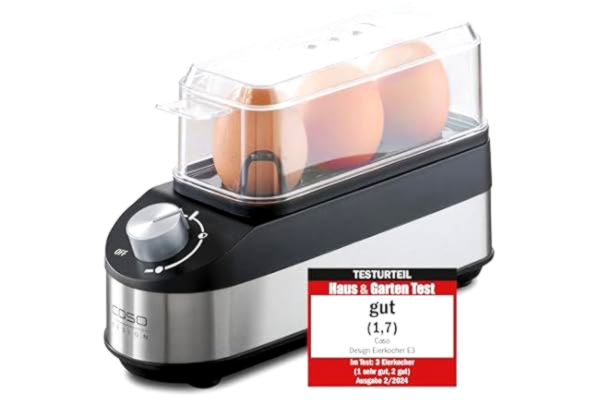 Caso CASO E3 äggkokare, steglös rotationsregulator för önskad hårdhetsgrad från mjuk till hård, tids-, energi- och vattenbesparande jämfört med ägg från kastrullen, högkvalitativ rostfri stålskärm