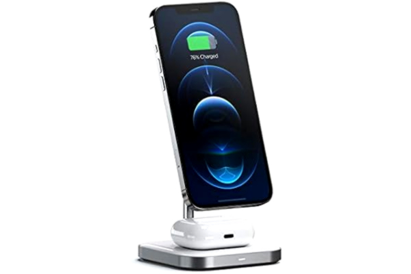 Satechi  2-i-1 Magnetiskt Stativ med Trådlös Laddning i Aluminium – Kompatibelt med iPhone 13 Pro Max/13 Pro/13 Mini/13 med MagSafe, AirPods Pro