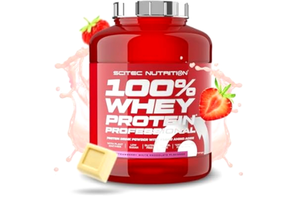 Scitec Nutrition  100% Whey Protein Professional – berikad med ytterligare aminosyror och matsmältningsenzymer – glutenfri – palmolja, 2,35 kg, jordgubbar – vit choklad