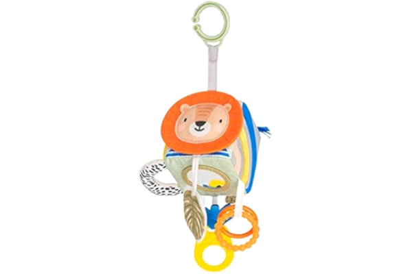 Taf Toys  Savannah Discovery Cube Sensory Baby Hanging Toy. Includes Teether, Baby Safe Mirror, Padded Handle, Chime Bell. Clips on Cot, Pram or Car Seat. Suitable for Boys & Girls 0 month +