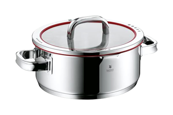 WMF  Cookware Ø 24 cm Approx. 4,1L Function 4 Inside Scaling Lid - Pour Off or Decant Liquids without Spilling to Keep Your Dishes and Cooker Clean. Made in Germany Hollow Side Handles Glass Lid Cromargan® Stainless Steel Brushed Suitabl