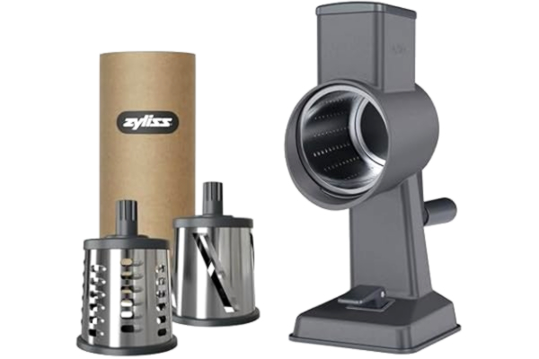 Zyliss  E900057 Roterande ostrivjärn, aluminium, 3 ståltrumblad, ost, grönsaker, choklad, nötter, fruktrivjärn med handtag, halkfri sugfot och bordsklämma, 5 års garanti
