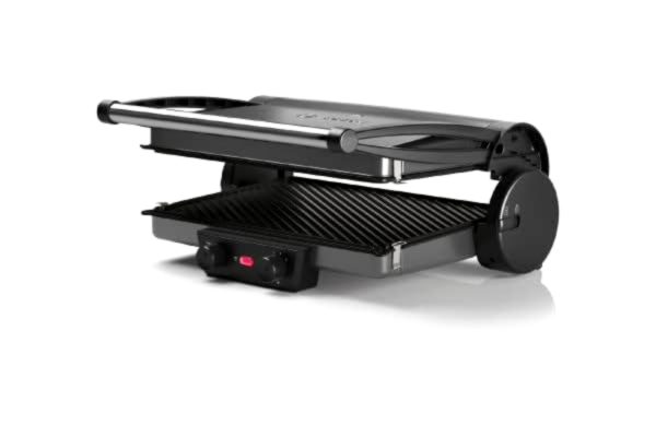 Bosch  Bordsgrill TCG4215-3i1 grill med extra hög effekt på 2000 Watt, snabb uppvärmning, individuell temperaturinställning, avtagbara grillplattor, ugnsform, silver