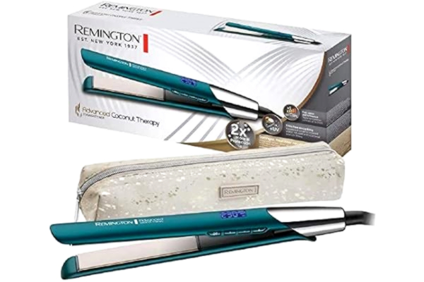 Remington  prostownica do włosów, ceramiczna z odżywkami z kokosa i filtrem UV, ruchome płytki, szybkie nagrzewanie, obrotowy przewód, turkusowa, Advanced Coconut Therapy S8648