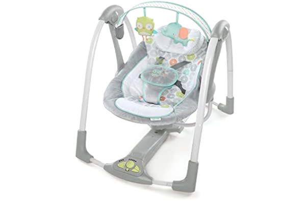 Ingenuity , Swing 'n Go Portable Swing - Hugs and Hoots, 5 Swing Speed, 6 Soothing Melodies, Removable Toy Bar, Ages Newborn +, Grey