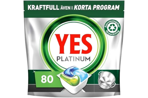 Yes  Platinum All In One Maskindiskmedel, 80 Diskmaskinstabletter, För Tuffa Utmaningar, Rengör Till och med Flottiga Filter