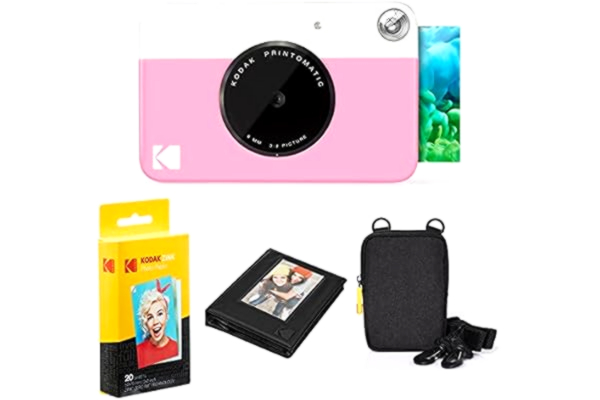 Kodak KODAK Printomatic instant camera (roze) pakket + zinkpapier (20 vellen) etui + fotoalbum + ophangframe + comfortabele halsband