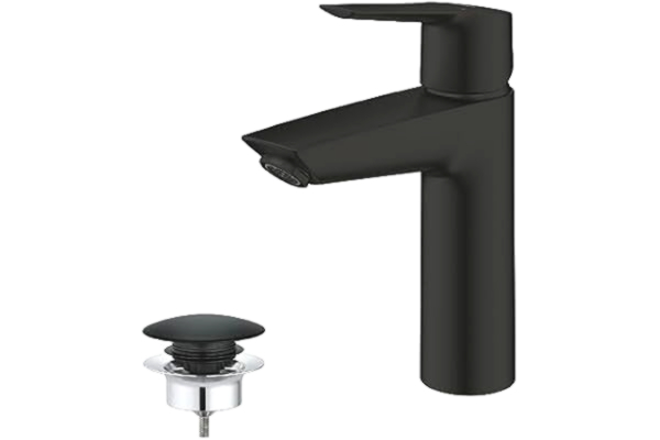 Grohe GROHE Start – badrumskran energisparande (centrumläge kall för lägre energiförbrukning, 19 cm hög, vattenbesparande, push-open-avlopp), matt svart, 237462432