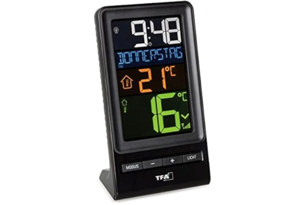 TFA  Dostmann Spira draadloze thermometer, met kleurendisplay, buitentemperatuur, binnentemperatuur, maximale en laagste waarden, radiogestuurde klok
