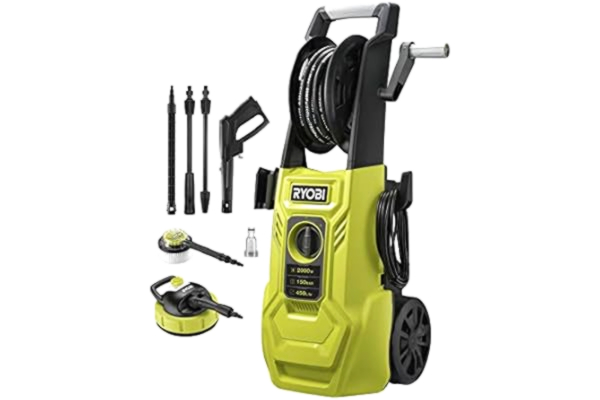 Ryobi RYOBI 1 800 W elektrisk högtryckstvätt RY150 PWA (150 bar tryck, 450 l/h flödeshastighet, 40° vattentemperatur, aluminiumpump, 8 m stålarmerad slang, 5 m kabel, Vario och Turbo-lans, ytrengöring)