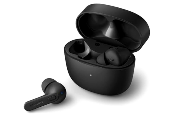 Philips  Hörsnäckor för vuxna, Svett och Fukttåliga, Bluetooth, Upp till 18h Speltid, Mjuka Silikonproppar i 3 storlekar, Inbyggd Mikrofon, Klassisk Design och Behaglig Passform TAT2206BK/00, Svart