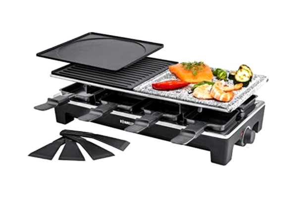 Rommelsbacher ROMMELSBACHER Raclette Grill RCS 1350 – 2 omkeerbare grillplaten, 1 steengroefplaat, 8 pannetjes, 8 schrapers, anti-aanbaklaag, Xylan Plus, traploze temperatuurregeling, 1350 watt