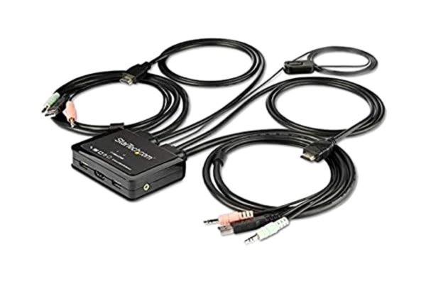 StarTech .com HDMI KVM-omkopplare med 2 portar – 4K 60Hz – kompakt UHD/Ultra HD USB stationär KVM-omkopplare med integrerad 1,2 m kablar och ljud – bussdriven och fjärrväxling – MacBook ThinkPad