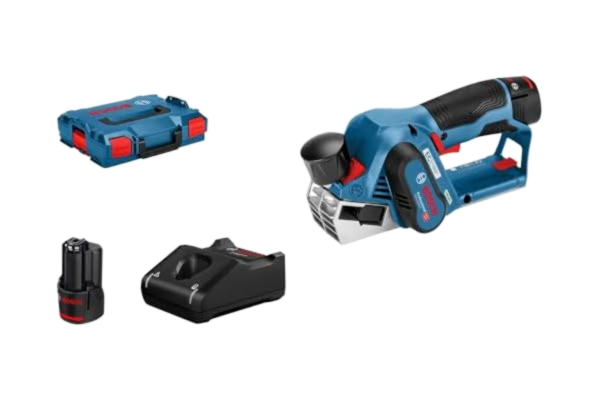 Bosch  Professional 12V System sladdlös elhyvel GHO 12V-20 (hyvelbredd max: 56 mm, med 2x 3,0 Ah-batterier + laddare, 2x hyvelknivar, i L-BOXX 136)