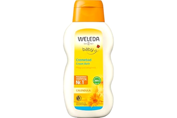 Weleda  baby calendula krämbadad, vårdande naturlig kosmetika rengöring för torr och känslig bebishud, skötselråd utan spänningar för spädbarn och småbarn (1 x 200 ml)