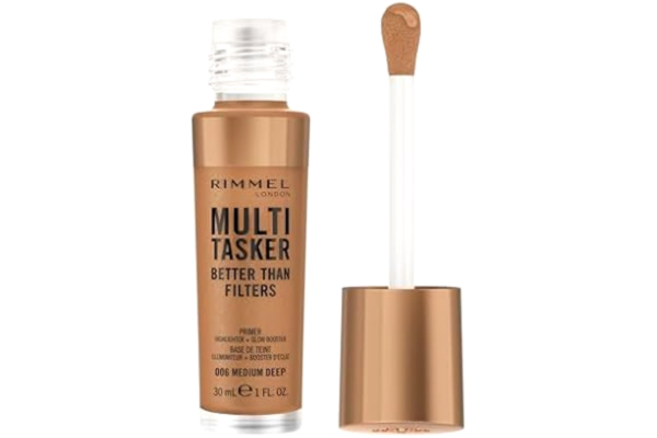 Rimmel  Multi Tasker Better Than Filters, 3-i-1 hudprimer, ljusbooster och överstrykningspenna för en naturlig jämn glöd, infuserad med C-vitaminer, vegan och grymhetsfri, 006 medium djup