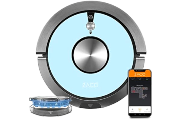 Zaco ZACO A9sPro robot aspirateur laveur avec WiFi, Alexa, Google, app - robot autonome intelligent 2en1, navigation cartographie, caméra, nettoyeur lavant pour sols durs, tapis, poil animaux, bleu ciel