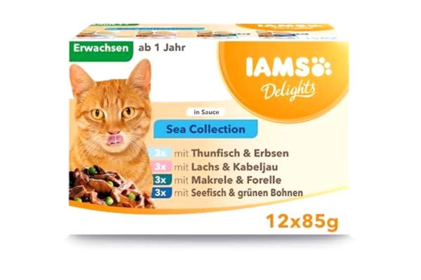 Iams IAMS Delights Sea Collection kattmat våt – multipack med fisk sorter (lax, tonfisk, makrill, havsfisk) i sås, våtfoder för katter från 1 år, 12 x 85 g