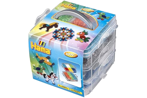 Hama  Midi Förvaringsbox med 6000 Pärlor | Inkluderar 3 Pärlplattor, Mönsterark & Strykpapper | Kreativt Pysselset för Barn från 5 år | Praktisk Förvaringslåda