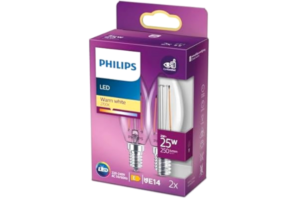 Philips  Classic LED-ljuskälla, 25W, E14, B35, Klart glas, varmvitt ljus, 2700 kelvin, 15 000 timmar, Ej dimbar, 2-pack